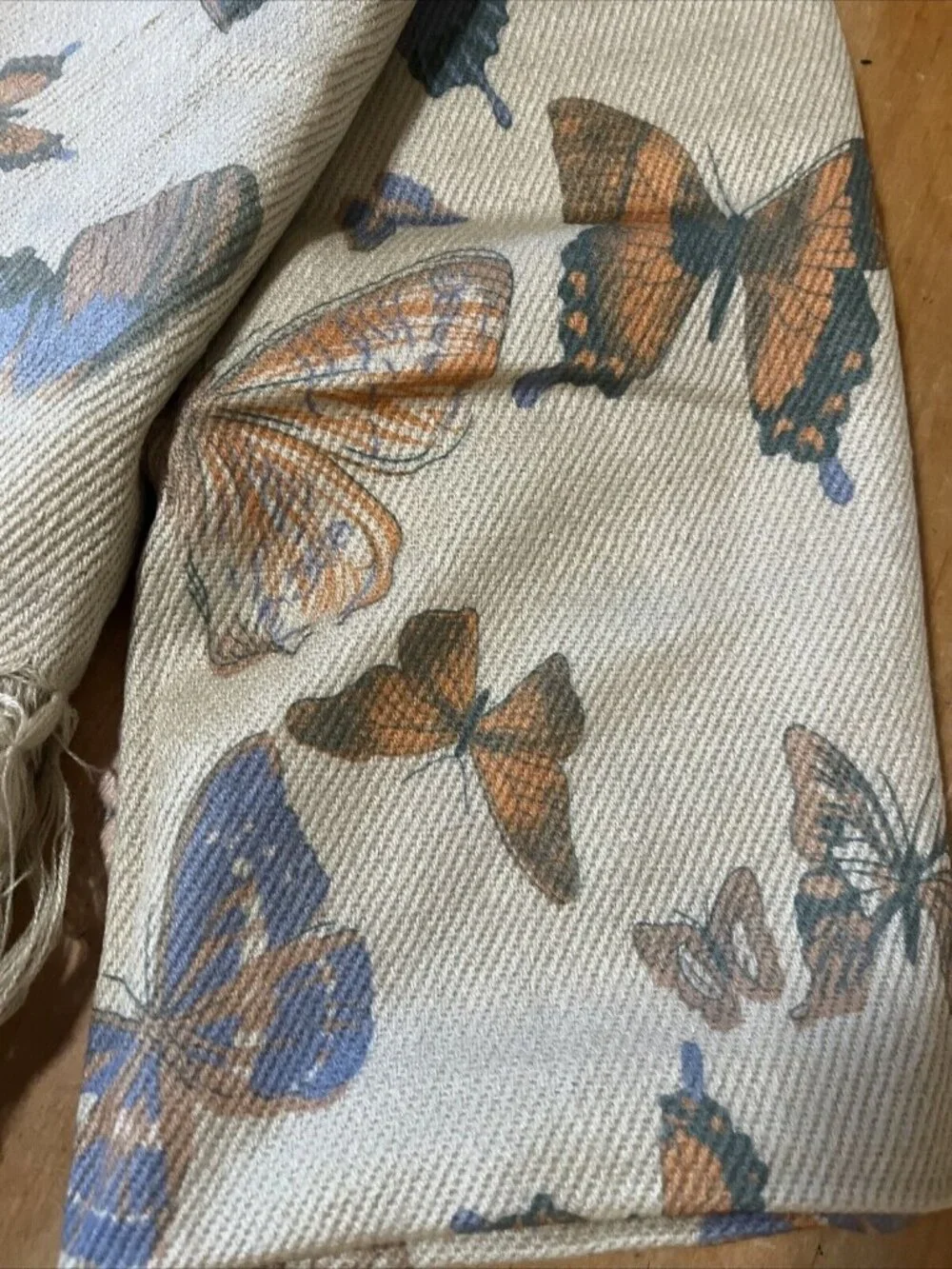 Buttery Fly Scarf 28x36in Tan With Multi Colored Butterflies
